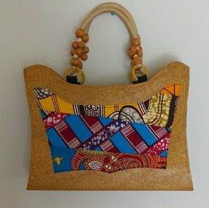 Brown leather african ankara design beaded bag